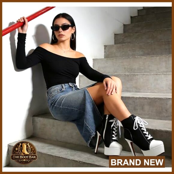 Platform Ankle Boots Stiletto Heel Lace-Up Canvas Booties Side Zipper - Picture 3 of 7